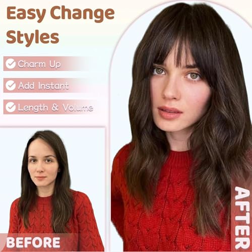 Human Hair Topper with Bangs - 10 Inch Real Hair Clip-In Fringe - Medium Brown & Blonde Mix with Dark Brown Roots