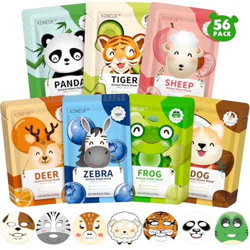 Kids Animal Face Masks Set - Hydrating & Moisturizing 56 Pack with 7 Characters - H-56 Pack