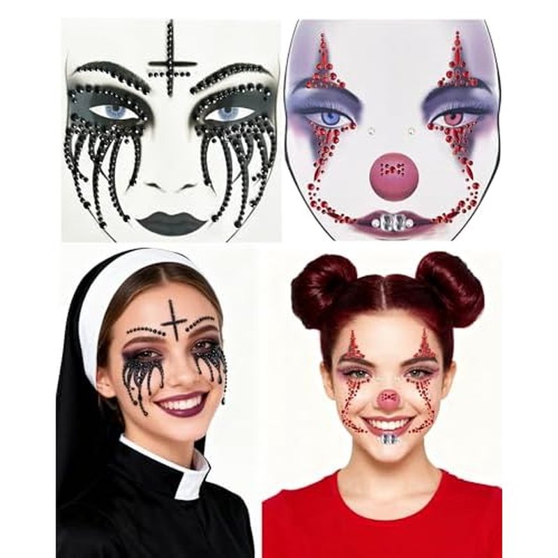 2 Pack Halloween Face Gems Jewels Clown Face Sticker Nun Makeup Tattoo Scary Temporary Rhinestone Face Tattoo for Halloween Festival Rave Party Make Up Accessories