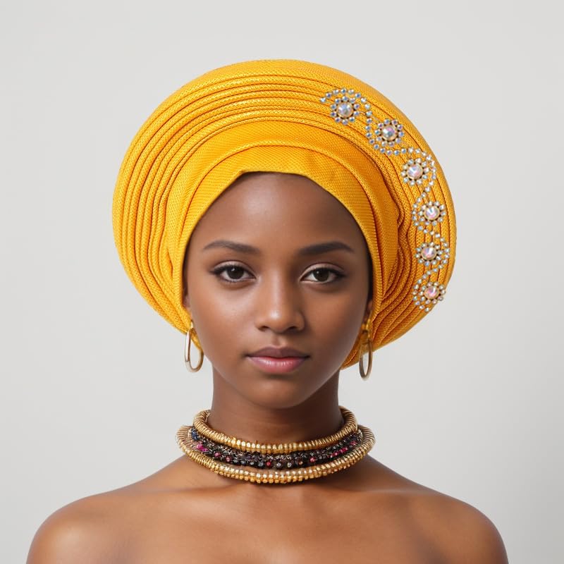 Golden Nigerian Headwrap with Stones - Auto Gele Turban for Party & Wedding