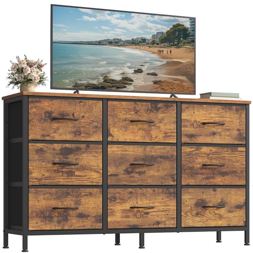 SONGMICS Dresser with 9 Fabric Drawers and TV Stand for Up to 55 Inches - Rustic Brown + Ink Black 11.8"D x 44.8"W x 26.8"H