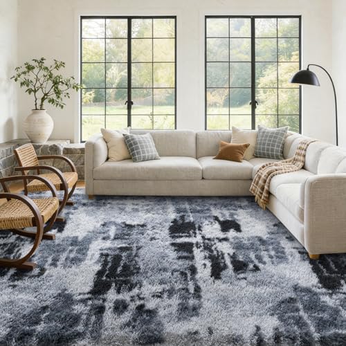 Large Fluffy Tie-Dyed Blue Area Rug Non-Slip Living Room Carpet 6x9