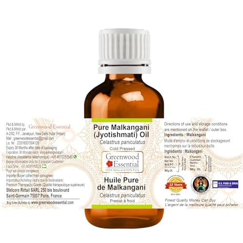 Greenwood Essential Malkangani (Jyotishmati) Oil (Celastrus paniculatus) | Cold Pressed | Natural | For Diluting Essential Oils | Skin & Massage | Unisex | 100ml (3.38 oz)
