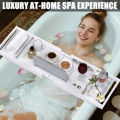 White Expandable Bathtub Tray Caddy for Tub - Adjustable Bath Accessory