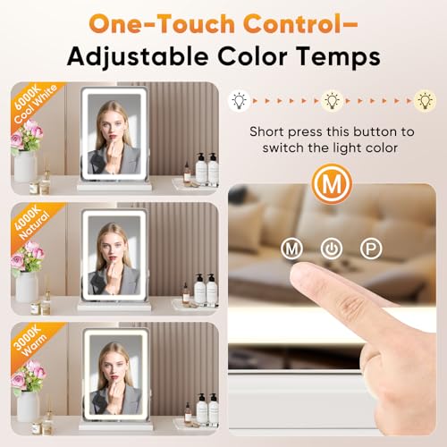 NEWBULIG 18.5"x13" LED Lighted Vanity Mirror, Smart Tabletop Makeup Mirrors with Lights for Desk, Touch Control Dimmable Brightness, 3 Color Lighting Modes