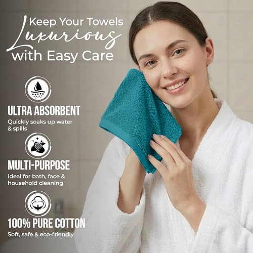 RIVERSIDE Pack of 24 Wash Cloths for Showering, 12 x 12 Inches, Super Soft & Absorbent, 100% Cotton Washcloths Premium Quality Flannel Face Cloths for Bathroom, Gym, Spa (Teal, 24 Pack)