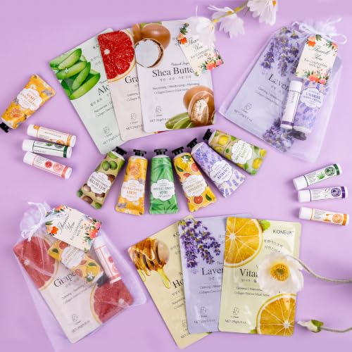 KONEUK 60 Pack Bulk Facial Mask, Lip Balm & Hand Cream Gift Sets for Parties & Weddings