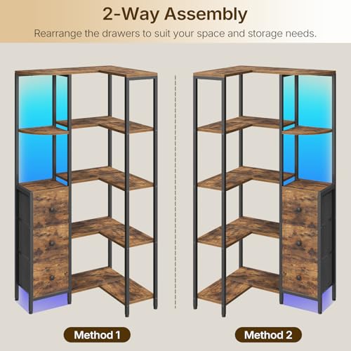 Corner Bookshelf 5-Tier L-Shaped Bookcase with 3 Fabric Drawers - Rustic Brown & Black
