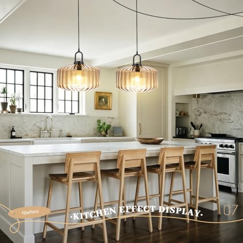 Amber Glass Plug-in Pendant Light with 14.7ft Cord & On/Off Switch - Modern Hanging Lamp for Living Room & Kitchen