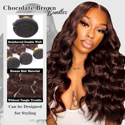 Brown Human Hair Bundles 12 14 16 Inch Loose Wave 3 Pack - Dark Brown