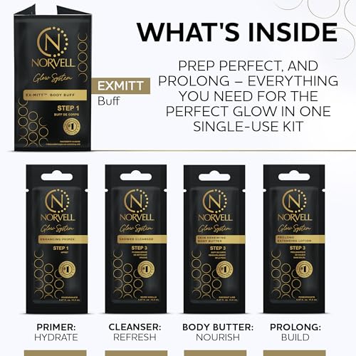 Norvell Glow System Trial Kit ? 5-Step Sunless Tanning Essentials with Exmitt, Primer, Cleanser, Body Butter & Prolong ? Reusable Travel Pouch
