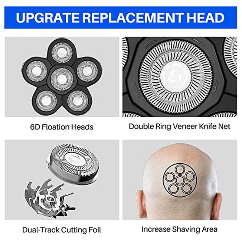6 Blade Replacement Heads,Bald Shaver Replacement Heads Rotary Shaver for Bald Men Replacement Blade Beard Universal Fast Double Ring Hair Trimmer for 5 6 7 Head Electric Shaver