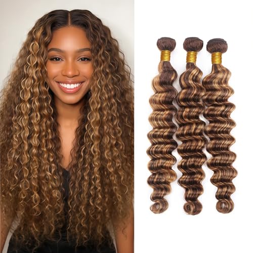 Brown Blonde Deep Wave Human Hair Bundles - 18, 20, 22 Inch - P4/27 Color D - Natural Brazilian Hair Extensions