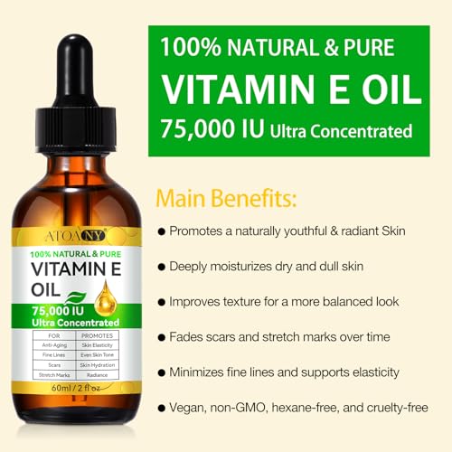 Vitamin E Oil 75,000 IU 2 Pack - 100% Pure Vitamin E Oil for Skin, Face, Hair, Body - Natural Antioxidant for Dryness, Wrinkles, Scars & Stretch Marks, Deep Hydration for Soft, Glowing Skin