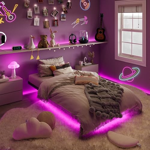 Twin Size Floating Bed Frame with RGB LED Lights - Matte Black