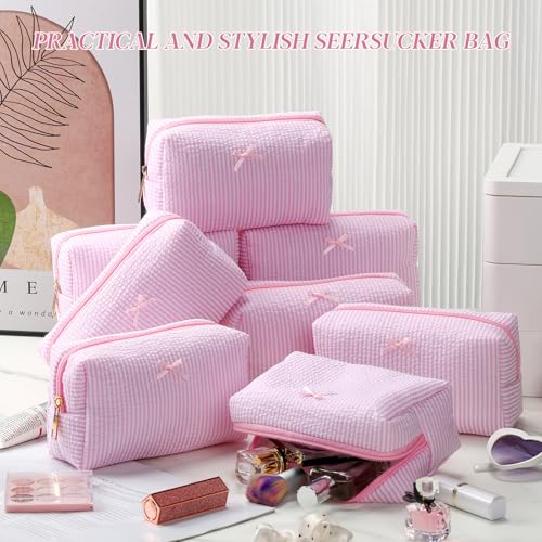 8 Pcs Seersucker Makeup Bag Set with Striped Pattern - Light Pink