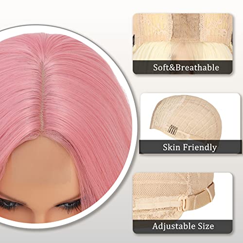 Long Pink Wavy Wig for Women 26 Inch Pastel Pink Hairpiece with Realistic Hairline - Variation of Pink