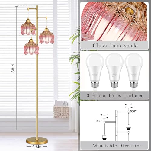 QIYIZM 14- Floor Lamp Pink Mid Century Modern 3-Head Brass Tree Floor Lamp