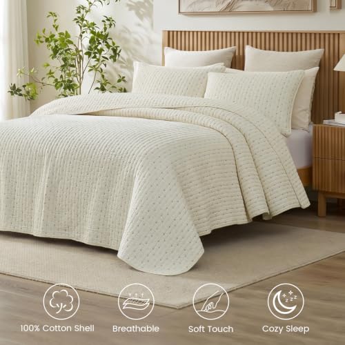 Cream White Cross Stitch Quilt Set - 100% Cotton King Bedding with Pillow Shams