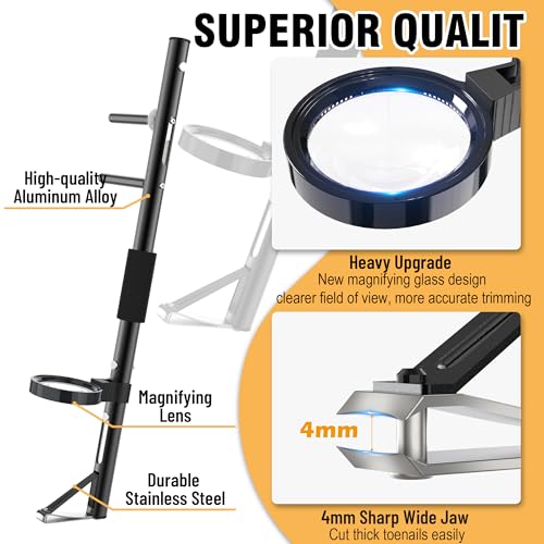 Long Handled Toenail Clippers with Magnifier, Ergonomic Wide Jaw for Thick Nails, Easy Reach Pedicure Tool for Seniors, Arthritis & Overweight, 28in Black