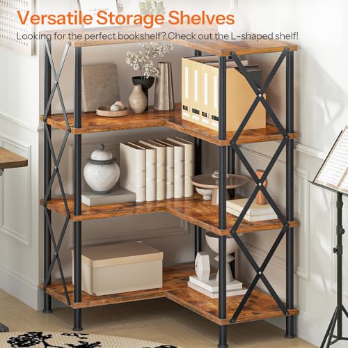 HOOBRO 4-Tier Corner Bookcase with Rustic Brown & Black Finish, L-Shaped Adjustable Shelving