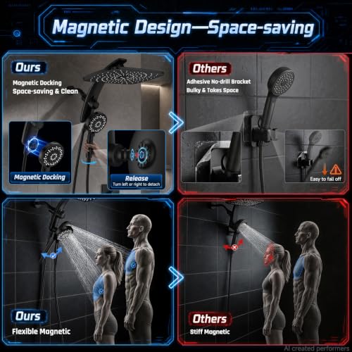 Matte Black 14-Inch Shower Head with Handheld & Full Body Coverage - Power Wash