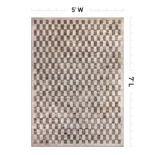 Beige Checkered Area Rug 5x7 ft Contemporary Geometric Textured Carpet for Living Room