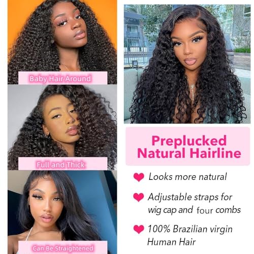 16 Inch Kinky Curly Human Hair Lace Front Wig - Black, Pre Plucked, Glueless Short Afro Bob