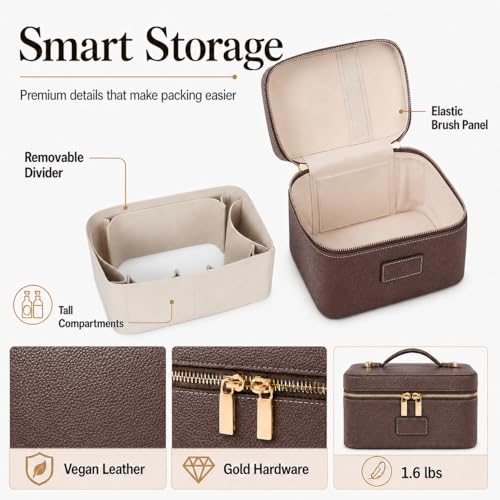 Cozomga Coffee Makeup Bag Vanity Case with Removable Divider Travel Organizer