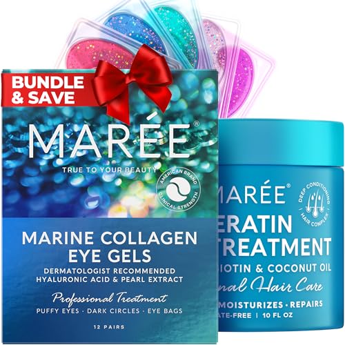 MAREE Complete Beauty Solution - Under Eye Gels & Hair Mask, Conditioner - Marine Collagen, Hyaluronic Acid, Coconut Oil & Keratin - Reduces Puffy Eyes & Dark Circles, Hydrating Fine & Frizzy Hair