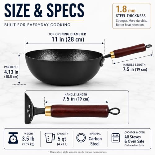 11-Inch Carbon Steel Wok with Flat Bottom & Detachable Handle – Deep Frying Pan for All Cooktops