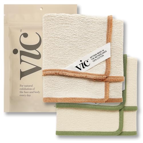 VIC Deep Exfoliating Face & Body Washcloth | Premium Organic Cotton | Intensive Skin-Renewing Texture | Artisan Made in The Netherlands | 14¡± x 17¡±, 2-Pack
