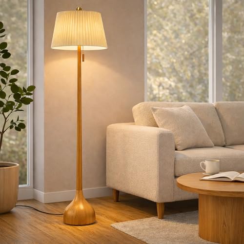 Mid Century Modern Wooden Floor Lamp with 2 Shades - Adjustable LED Lighting