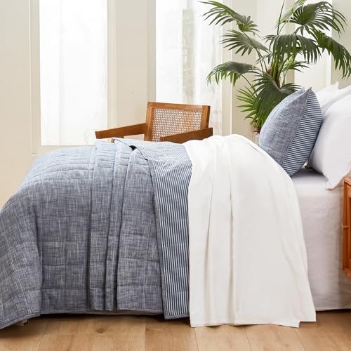Denim Blue Navy Twin Quilt Set with Shams - 2 Piece Cotton Bedding, Reversible