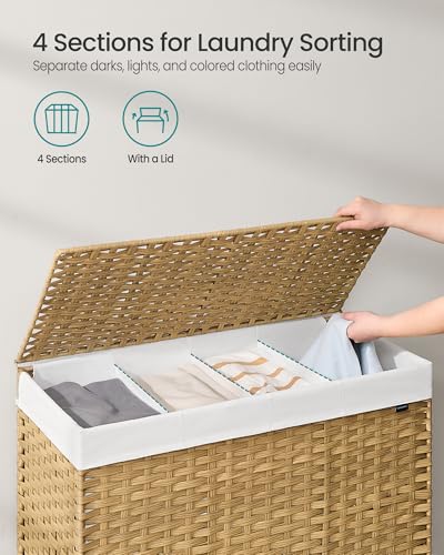SONGMICS 210L Natural Synthetic Rattan Rolling Laundry Hamper with Lid & Removable Liners
