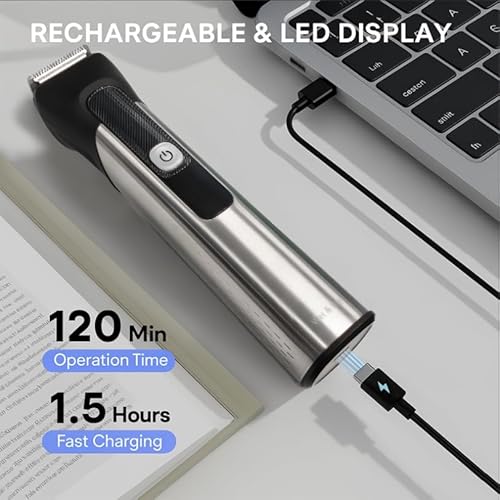 Beard Trimmer for Men ? Stainless Steel Electric Razor & Shaver, Cordless Hair Clippers Grooming Kit, IPX7 Waterproof Nose Ear Face Body Trimmer, USB-C Rechargeable with Travel Lock, Gifts for Men