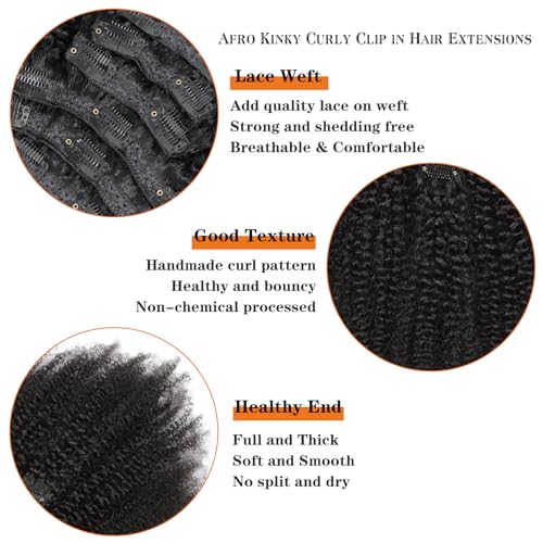 Yacurcur Natural Black Afro Kinky Curly Clip-Ins 24 Inch Human Hair Extensions