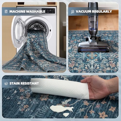 Navy Blue 8x10 Area Rug with Gold & Teal Floral Pattern - Soft Faux Wool, Non-Slip Backing, Stain-Resistant, Durable Edges, Large Bedroom & Living Room Carpet
