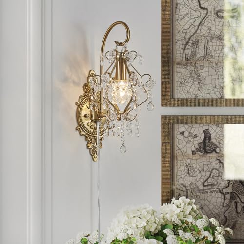 Plug-In Vintage Gold Crystal Wall Sconces Set of 2 – Fetason (2 Pack)