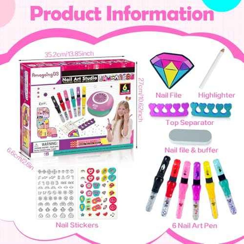 Kids Nail Polish Set for Girls,Kids Nail Art Kit for Girls Ages 7-12 Years Old Cool Girly Gifts with Nail Polish, Pen, Nail Dryer, Stickers, Glitter, Makeup Gift for Birthday