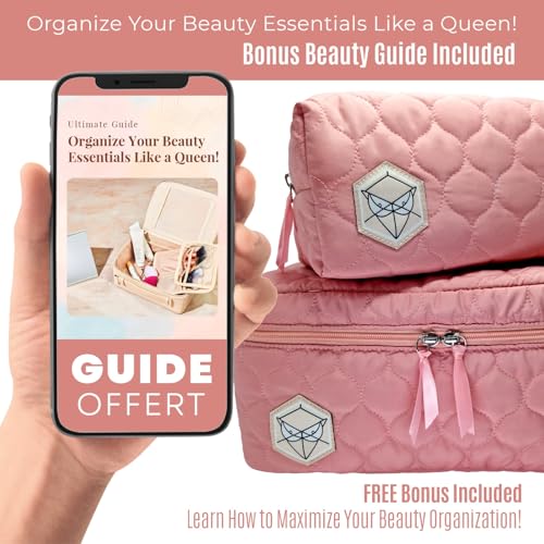 XL Quilted Makeup Bag Set of 2 - Large Waterproof Cosmetic & Toiletry Organizer for Travel & Daily Use