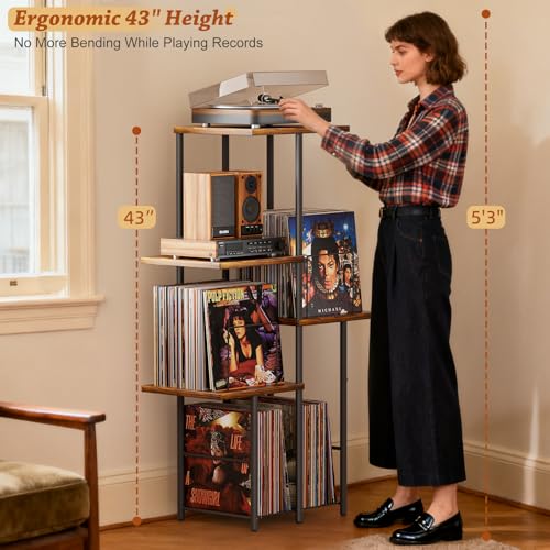 Black & Rustic Brown Vinyl Record Player Stand with Storage Shelves & Display - Mid Century Modern Tall Console
