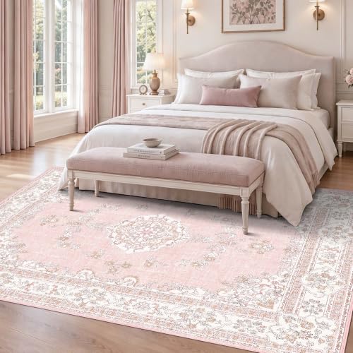 Pink Vintage 5x8 Washable Area Rug for Bedroom Girls - Soft & Stain-Resistant
