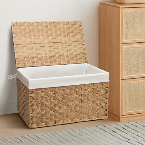 Large Wicker Storage Basket with Lid - 200L Natural Handwoven Organization Bin (31.5x19.7x19.7 Inches)