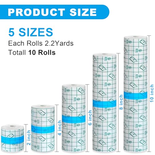 Autdor 10 Rolls Tattoo Aftercare Bandages - Waterproof Transparent Film Wraps, 2/4/6/8/10 Inch x 2.2 Yard - Mix 10pcs