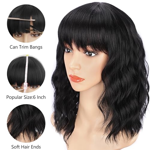 AISI HAIR Black Curly Bob Wig with Bangs, Synthetic Short Hair Extension