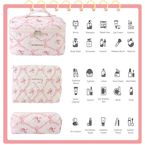 LAKSMI 3PCS Cotton Quilted Floral Makeup Bag Set for Women, Cute Make Up Bags with Brush Pockets, Large Wide-Open Toiletry Pouch Gifts for Toiletries Accessories Travelling Essentials