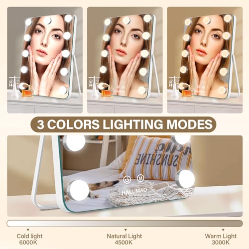 White Rechargeable Vanity Mirror with Lights, 14.6-Inch LED Makeup Mirror with Memory Function