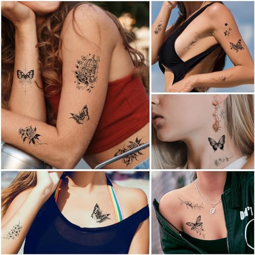 Cerlaza 20 Sheets Black Butterfly Temporary Tattoos for Adult Women, 120 Styles Small Butterflies Fake Tattoo Waterproof Long Lasting, Semi Permanent Tattoos Temporary Realistic for Girls Kids