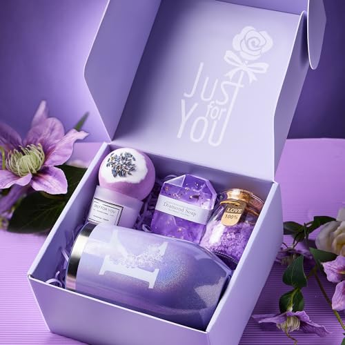 Gifts for Women, Mom, Wife, Girlfriend, Sister, Friends, Her - Unique Birthday, Christmas, Valentine's Day, Mothers Day Gifts - Initial Lavender Spa Gift Basket Set (K)